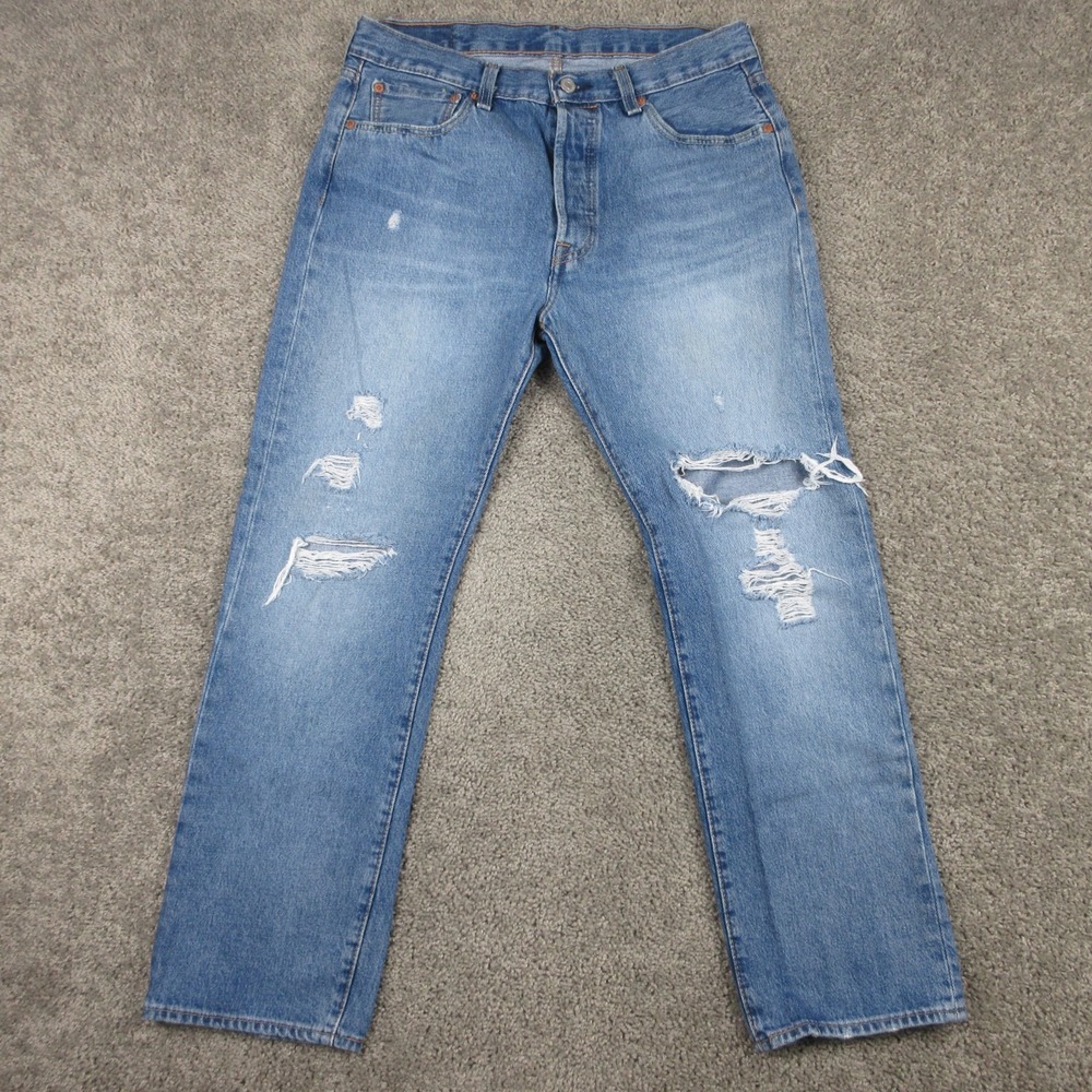 Levis Jeans Mens 33x30 Blue 501 Button Fly Original Straight Ripped Denim Pants